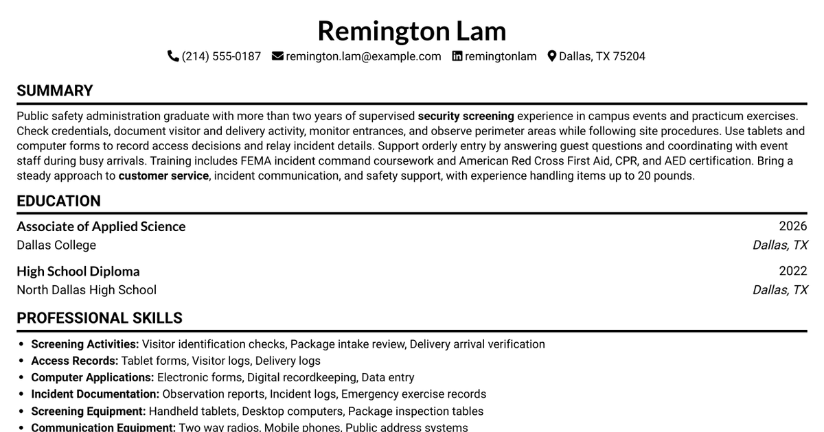 7 Security Officer - Screening Intake Resume Templates with Example