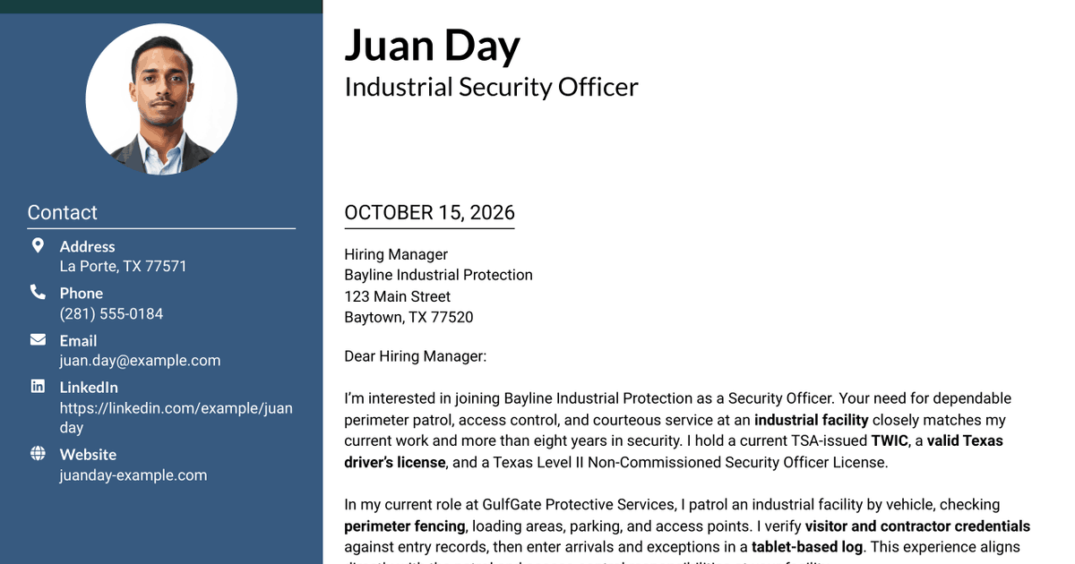 7 Security Officer - TWIC Perimeter Patrol Driver Cover Letter Templates with Example