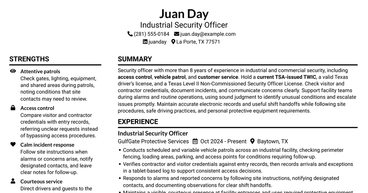 7 Security Officer - TWIC Perimeter Patrol Driver Resume Templates with Example