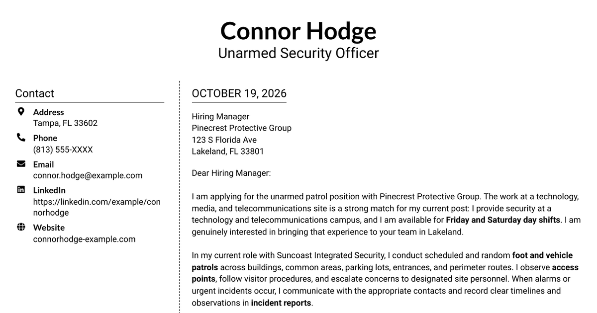 7 Security Officer - Unarmed Patrol Cover Letter Templates with Example