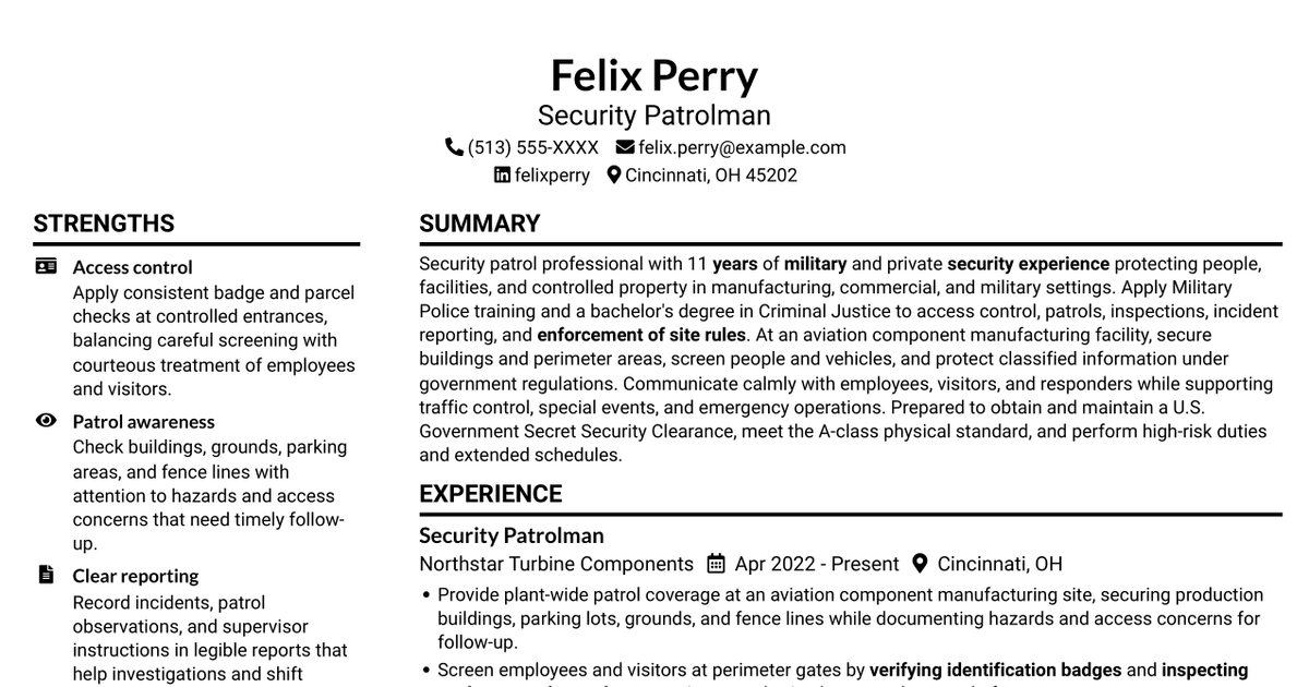 7 Security Patrolman - Aviation Facility Security Resume Templates with Example