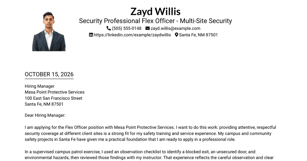 7 Security Professional Flex Officer - Multi-Site Security Cover Letter Templates with Example