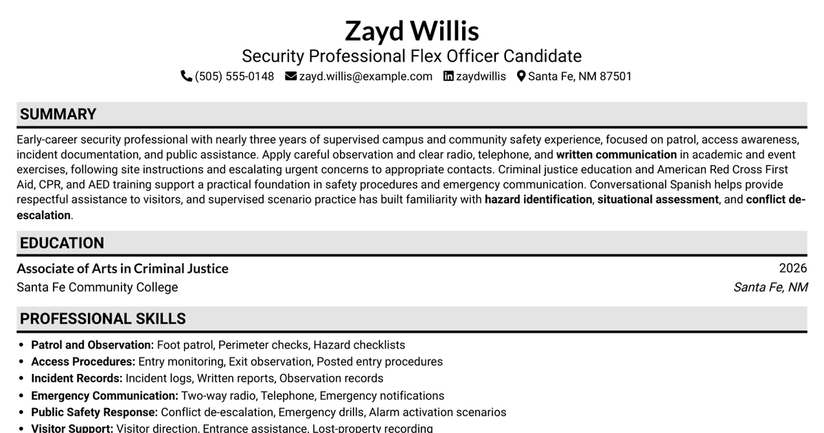 7 Security Professional Flex Officer - Multi-Site Security Resume Templates with Example