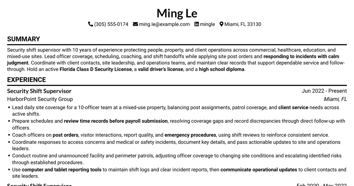 7 Security Shift Supervisor - Client Site Security Resume Templates with Example