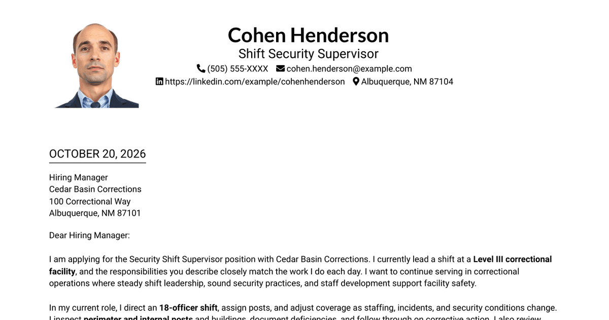 7 Security Shift Supervisor - Correctional Operations Cover Letter Templates with Example