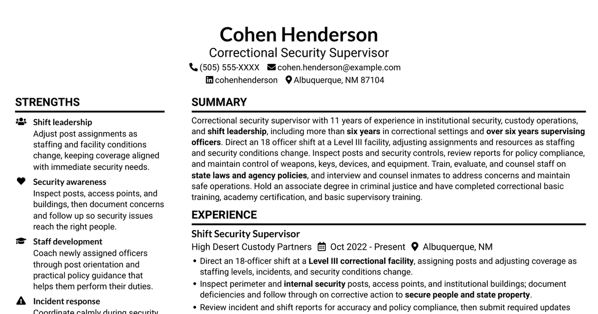 7 Security Shift Supervisor - Correctional Operations Resume Templates with Example