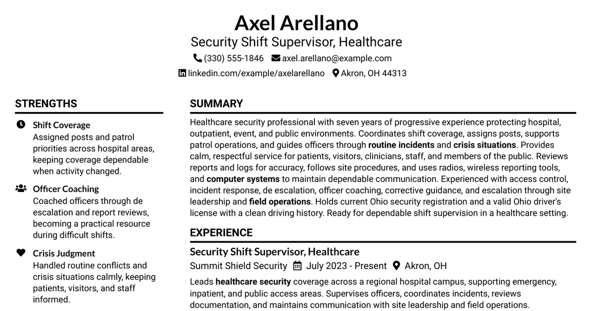 7 Security Shift Supervisor - Healthcare Resume Templates with Example