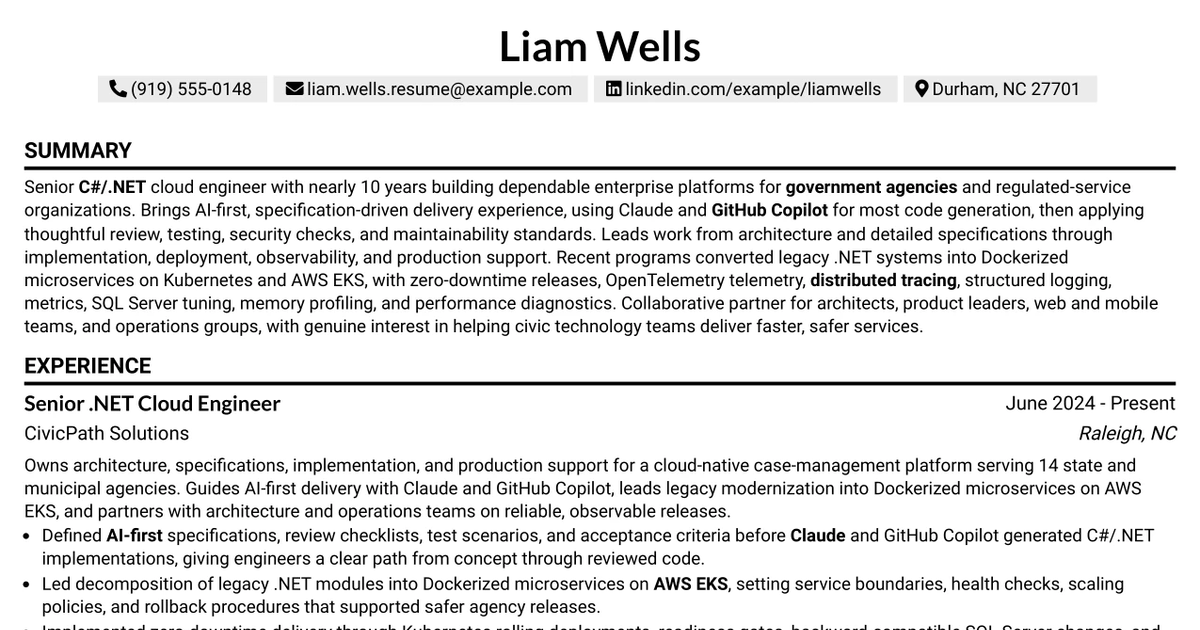 33 Senior A.I. Driven .NET Cloud Engineer Resume Templates with Example 2026 (ATS-Optimized)