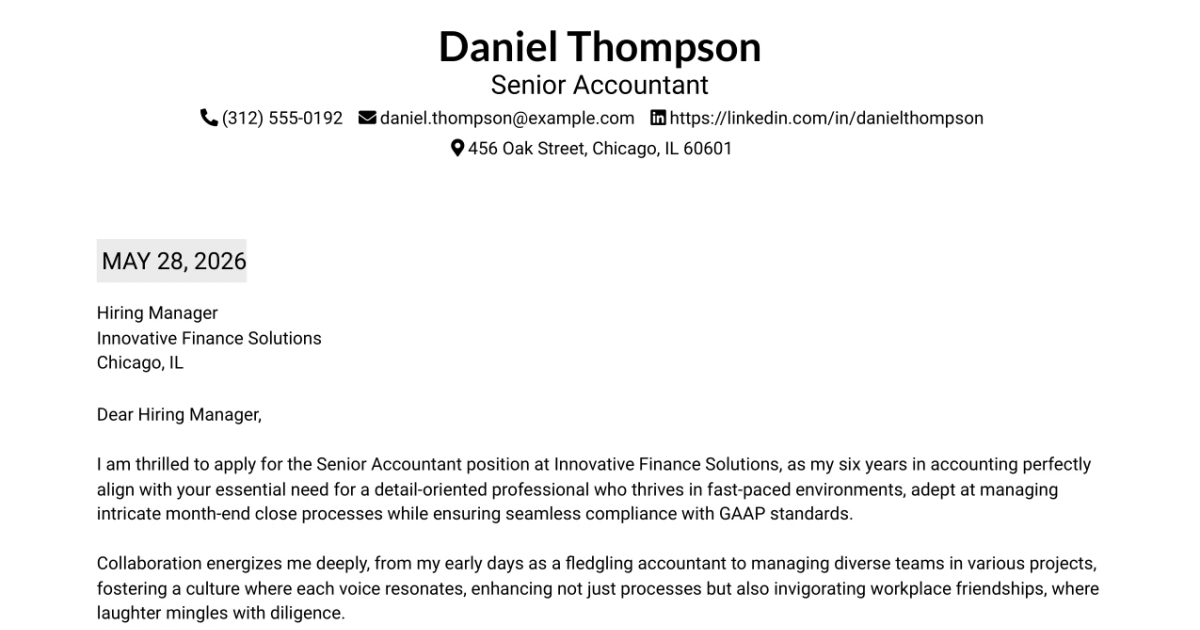30+ Senior Accountant Cover Letter Templates with Example 2026