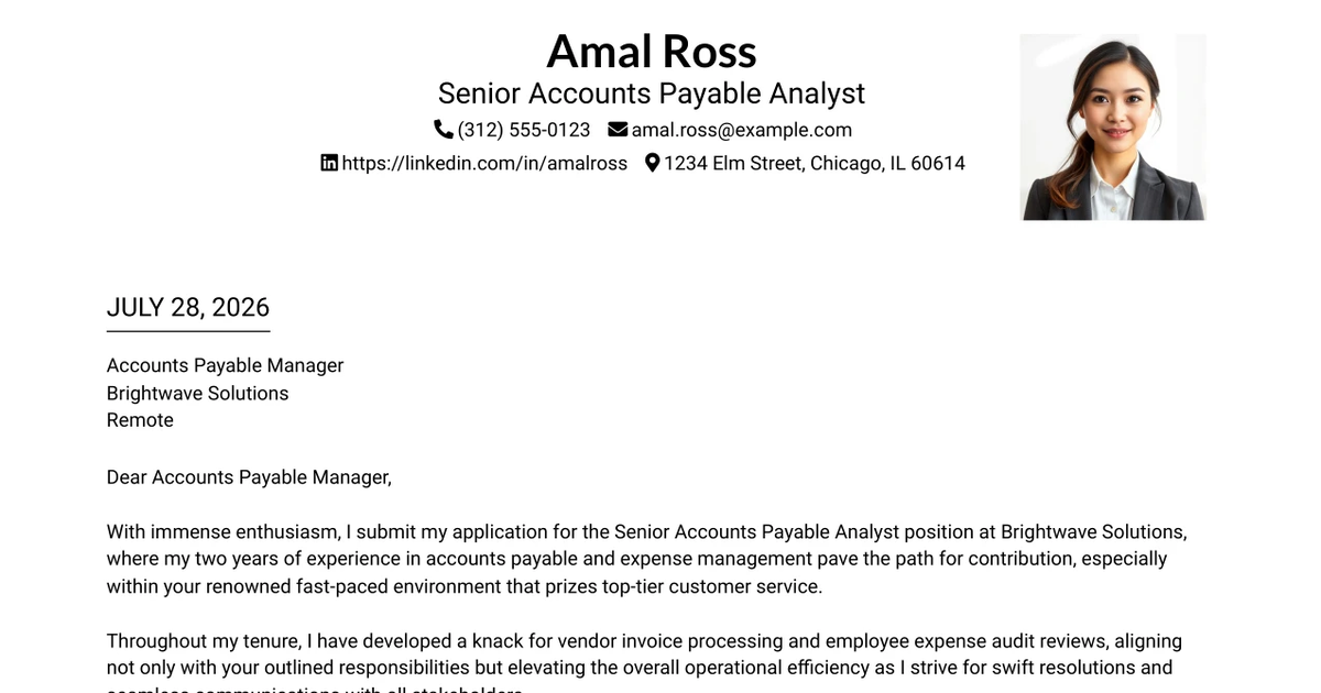 30+ Senior Accounts Payable Analyst Cover Letter Templates with Example 2026