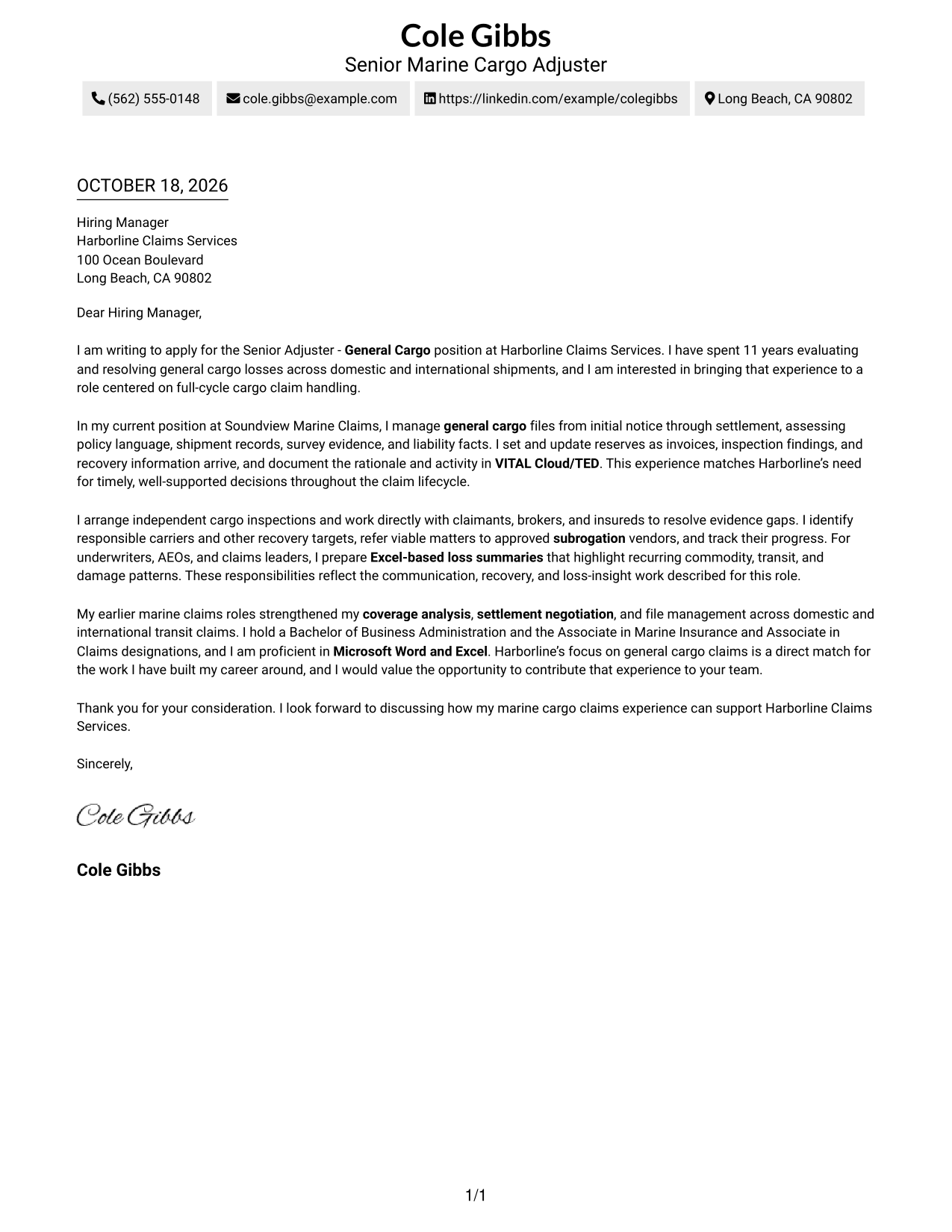 Cover letter example — page 1