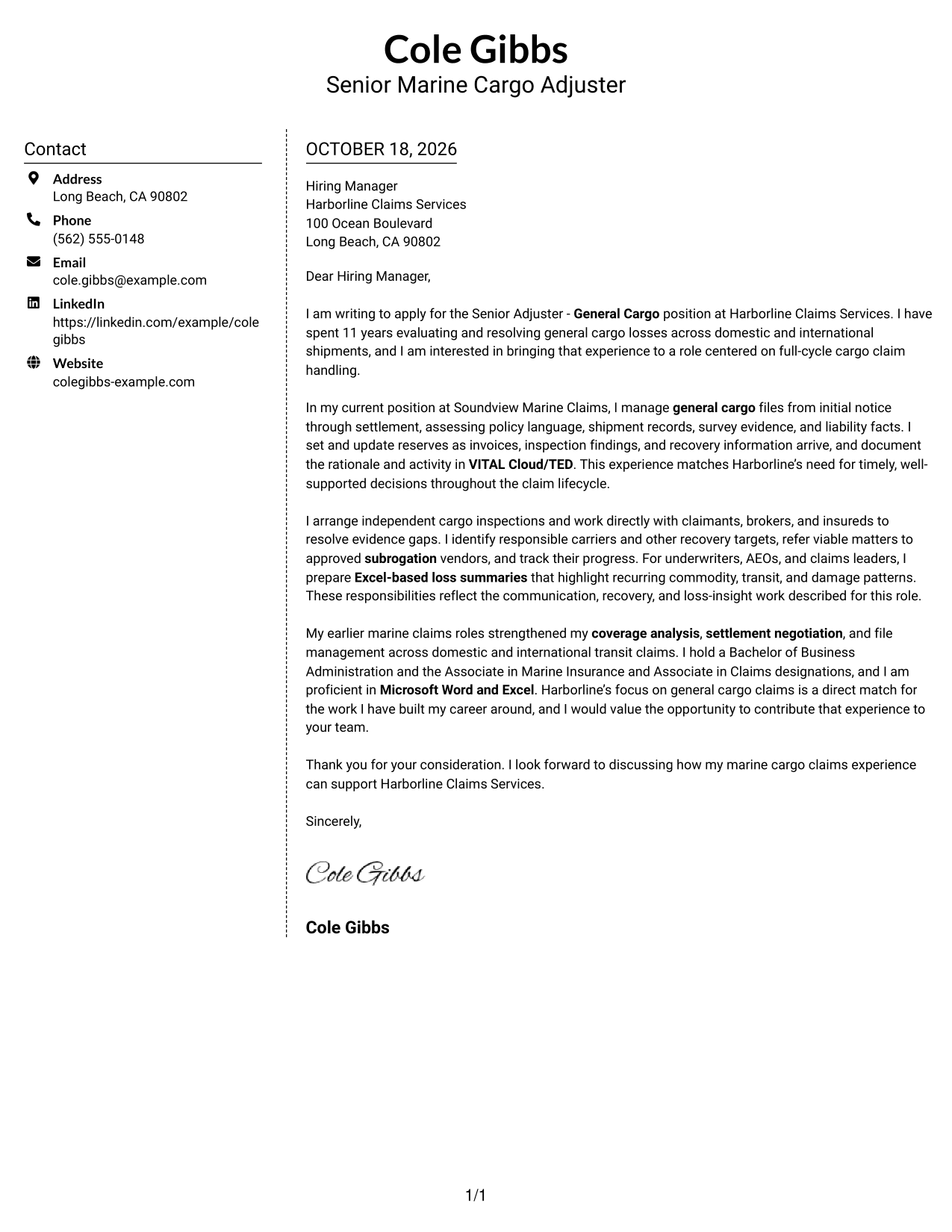 Cover letter example — page 1