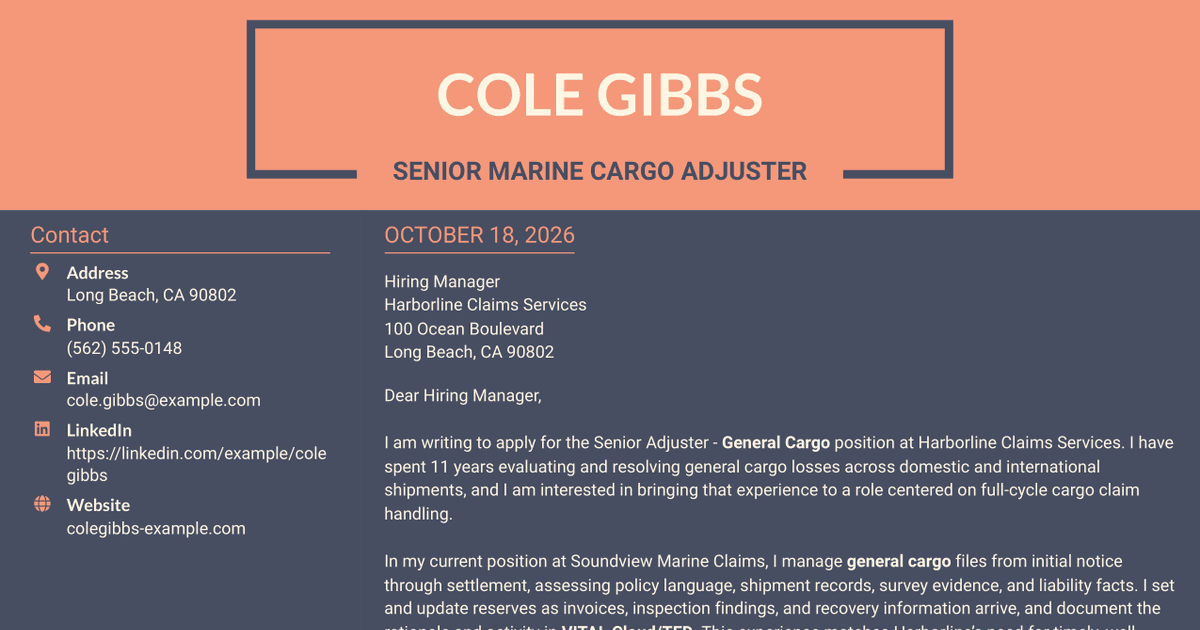 7 Senior Adjuster - General Cargo Cover Letter Templates with Example