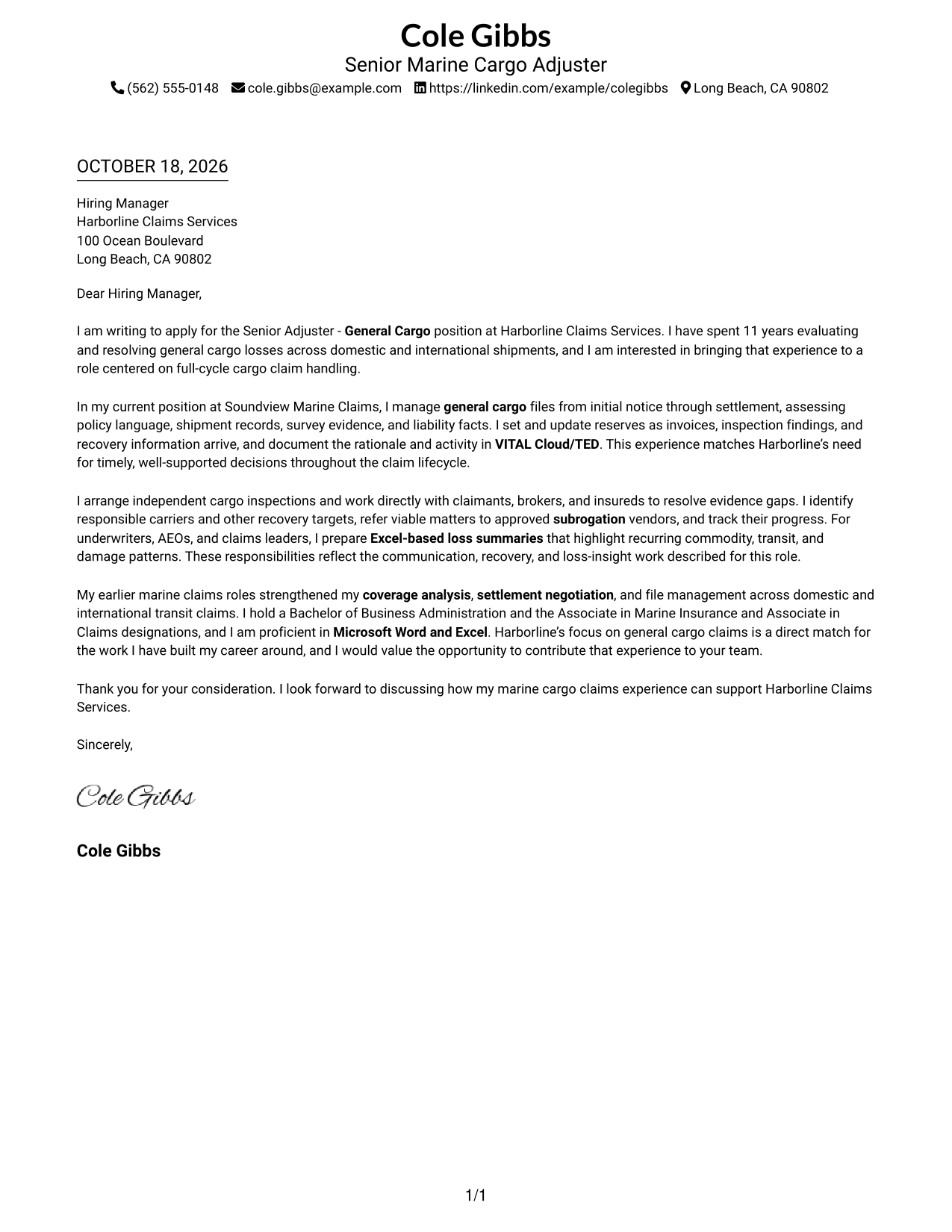 Cover letter example — page 1