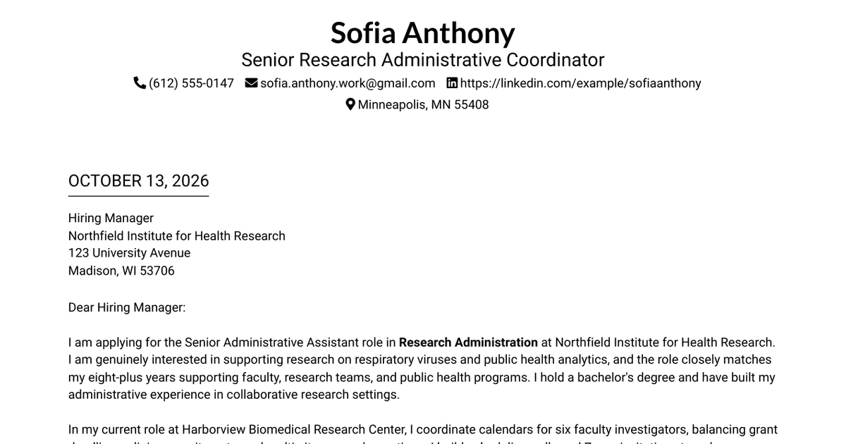 7 Senior Administrative Assistant - Research Administration Cover Letter Templates with Example