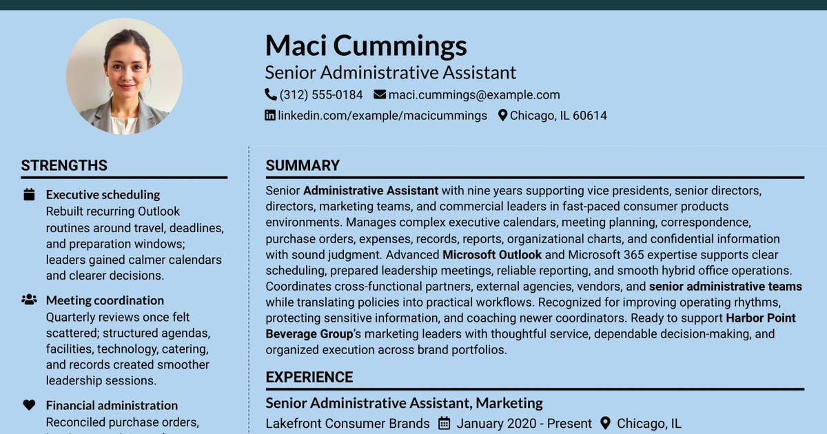 33 Senior Administrative Assistant Resume Templates with Example 2026 (ATS-Optimized)