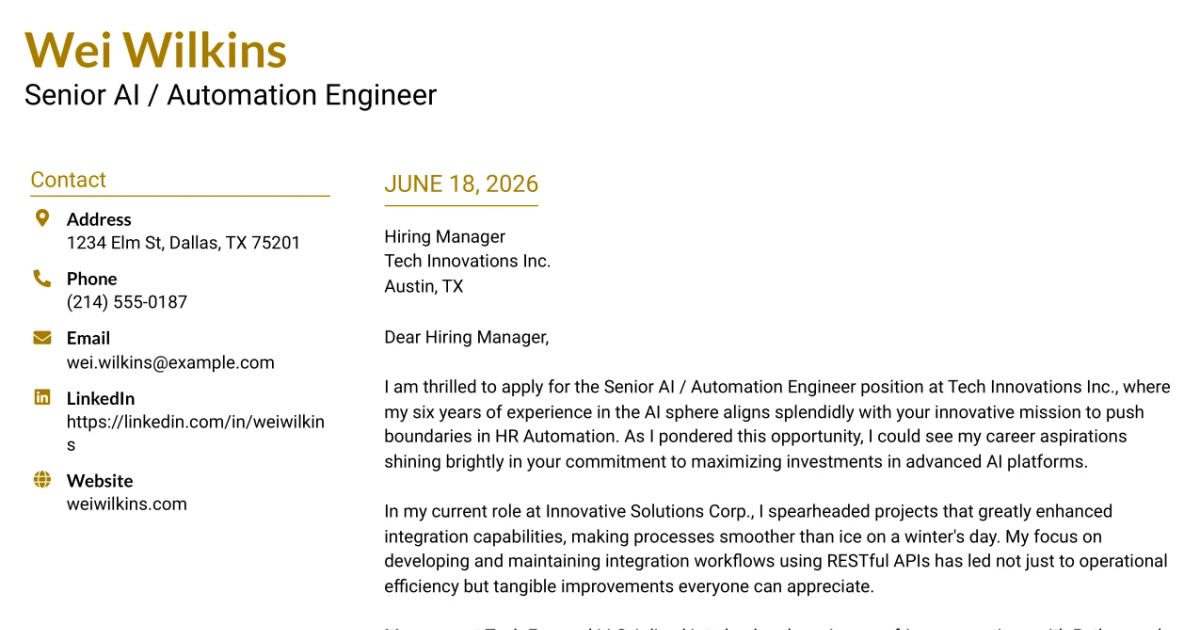30+ Senior AI / Automation Engineer Cover Letter Templates with Example 2026