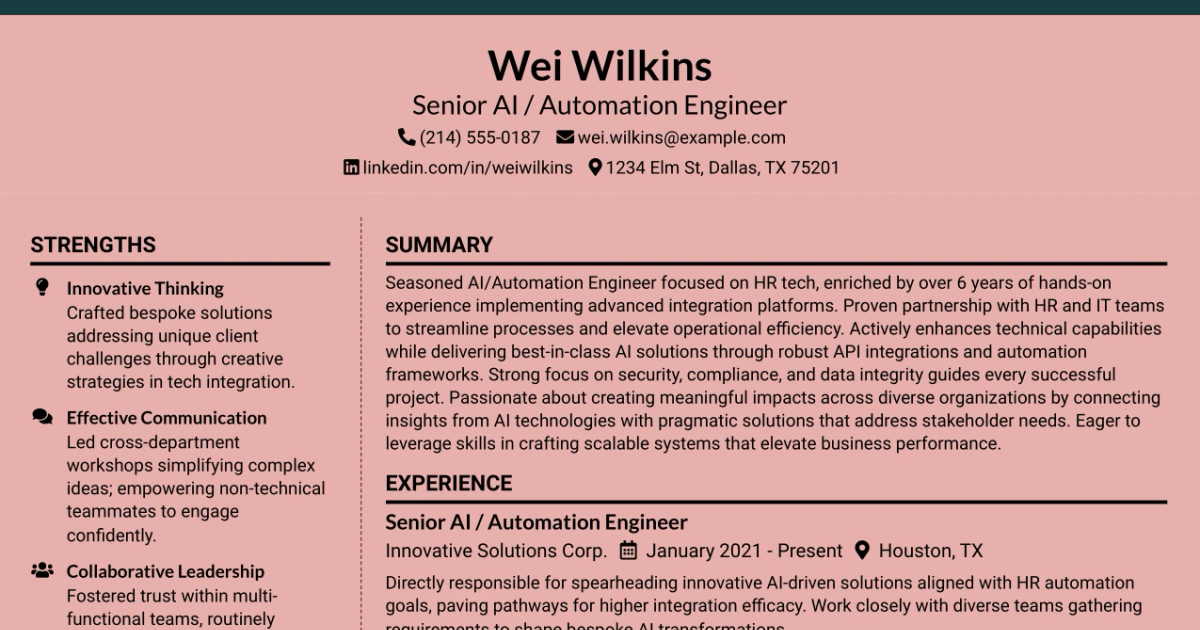 33 Senior AI / Automation Engineer Resume Templates with Example 2026 (ATS-Optimized)