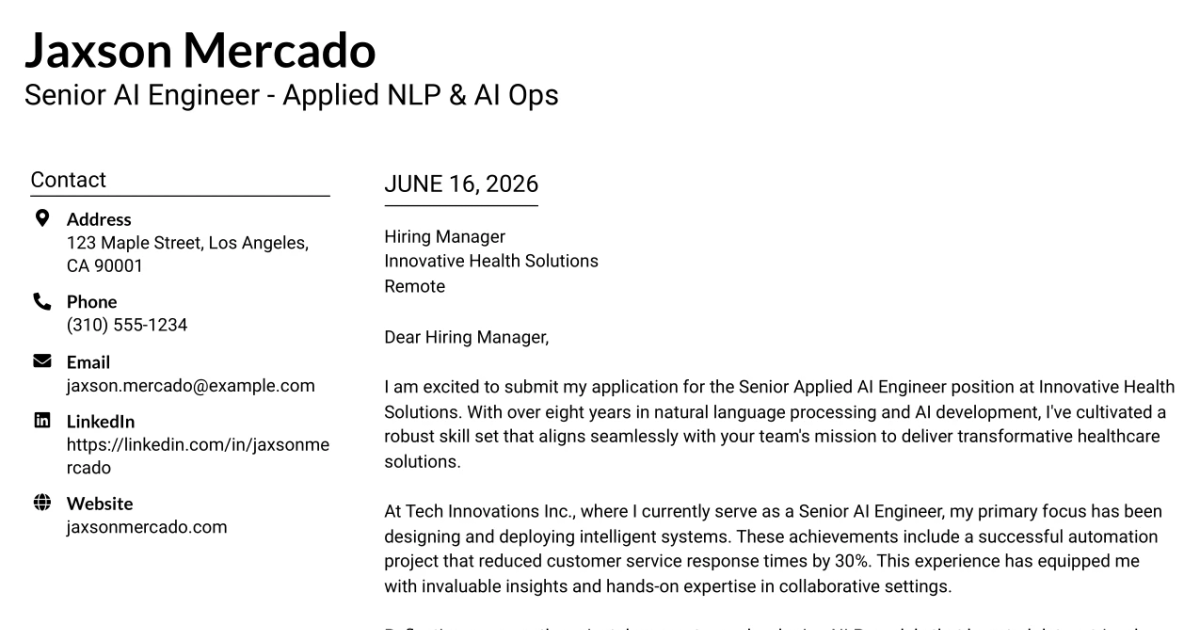 30+ Senior AI Engineer - Applied NLP & AI Ops Cover Letter Templates with Example 2026