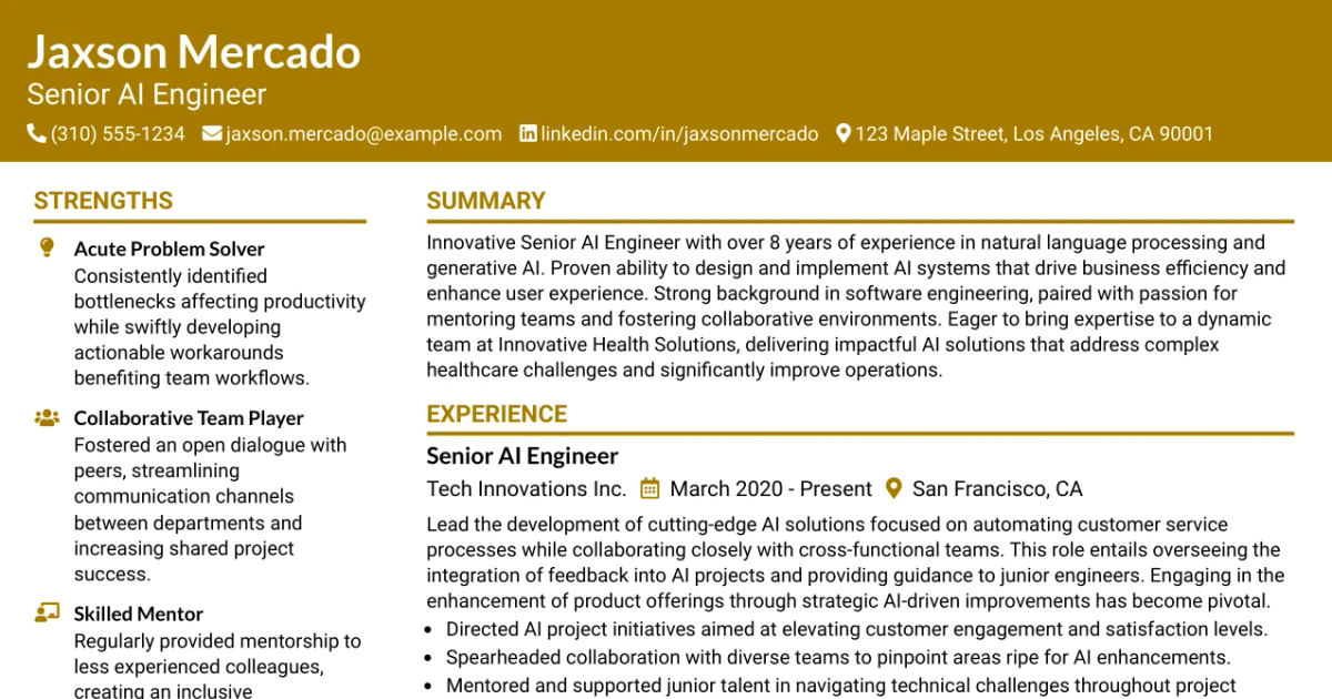 33 Senior AI Engineer - Applied NLP & AI Ops Resume Templates with Example 2026 (ATS-Optimized)