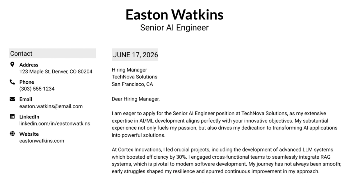 30+ Senior AI Engineer Cover Letter Templates with Example 2026