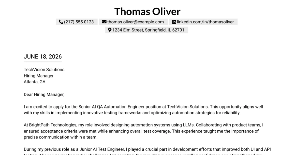 30+ Senior AI QA Automation Engineer Cover Letter Templates with Example 2026