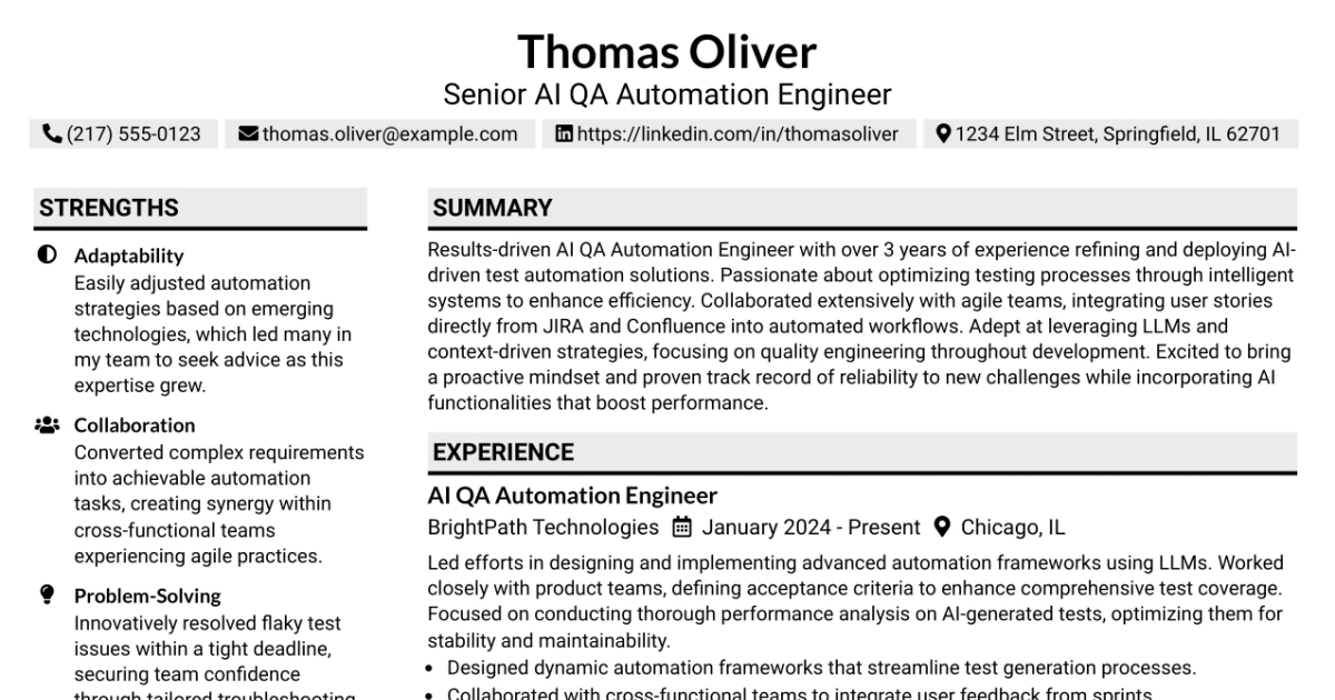 33 Senior AI QA Automation Engineer Resume Templates with Example 2026 (ATS-Optimized)