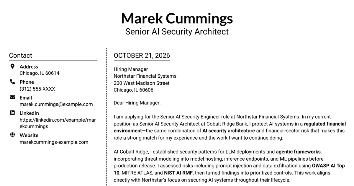 7 Senior AI Security Engineer - AI/ML Security Architecture Cover Letter Templates with Example