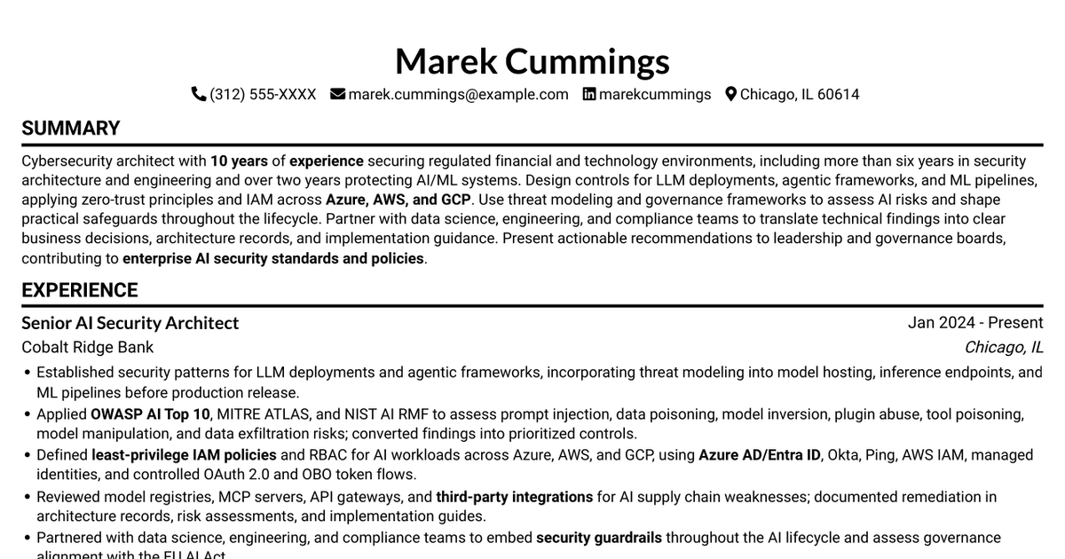 7 Senior AI Security Engineer - AI/ML Security Architecture Resume Templates with Example