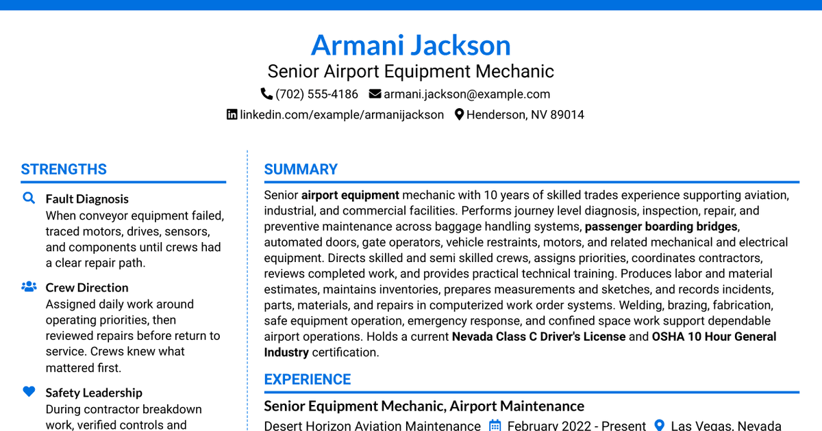 7 Senior Airport Equipment Mechanic Resume Templates with Example