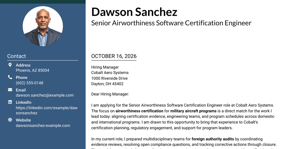 7 Senior Airworthiness Software Certification Engineer Cover Letter Templates with Example