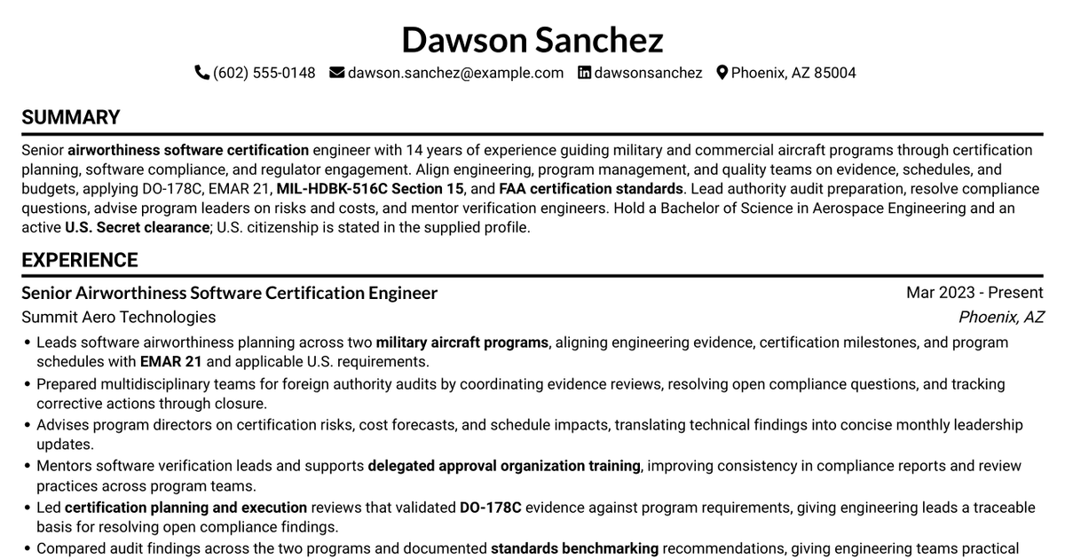 7 Senior Airworthiness Software Certification Engineer Resume Templates with Example