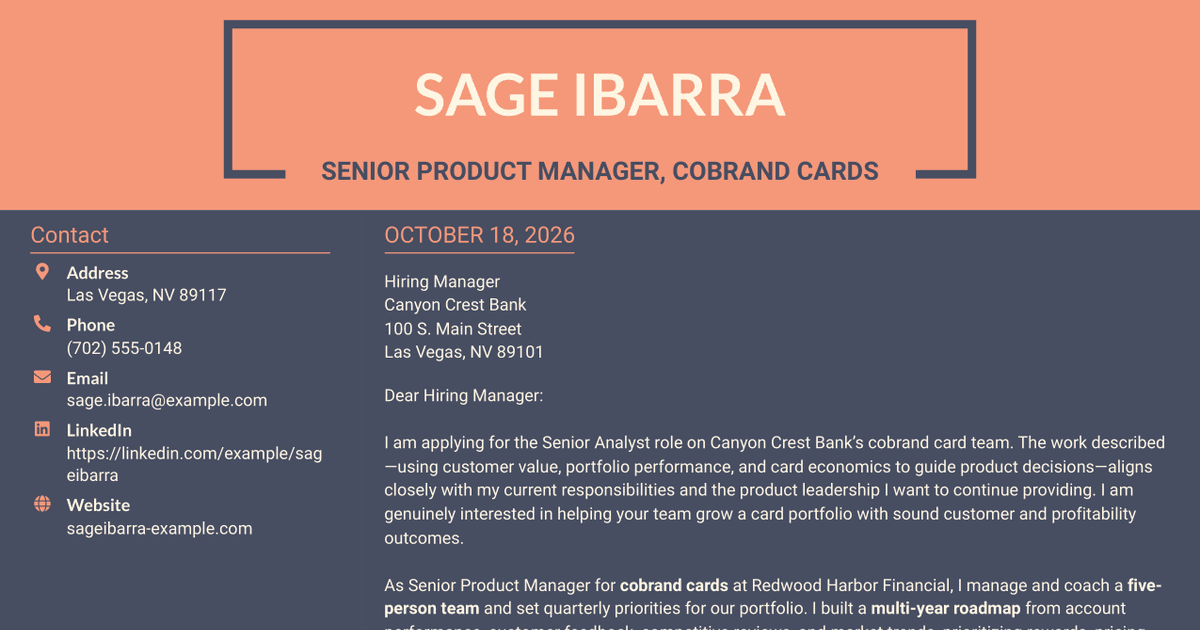 7 Senior Analyst - Cobrand Card Product Management Cover Letter Templates with Example