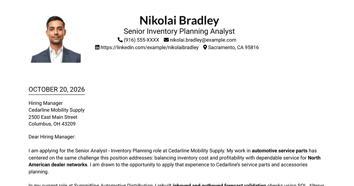 7 Senior Analyst - Inventory Planning Cover Letter Templates with Example