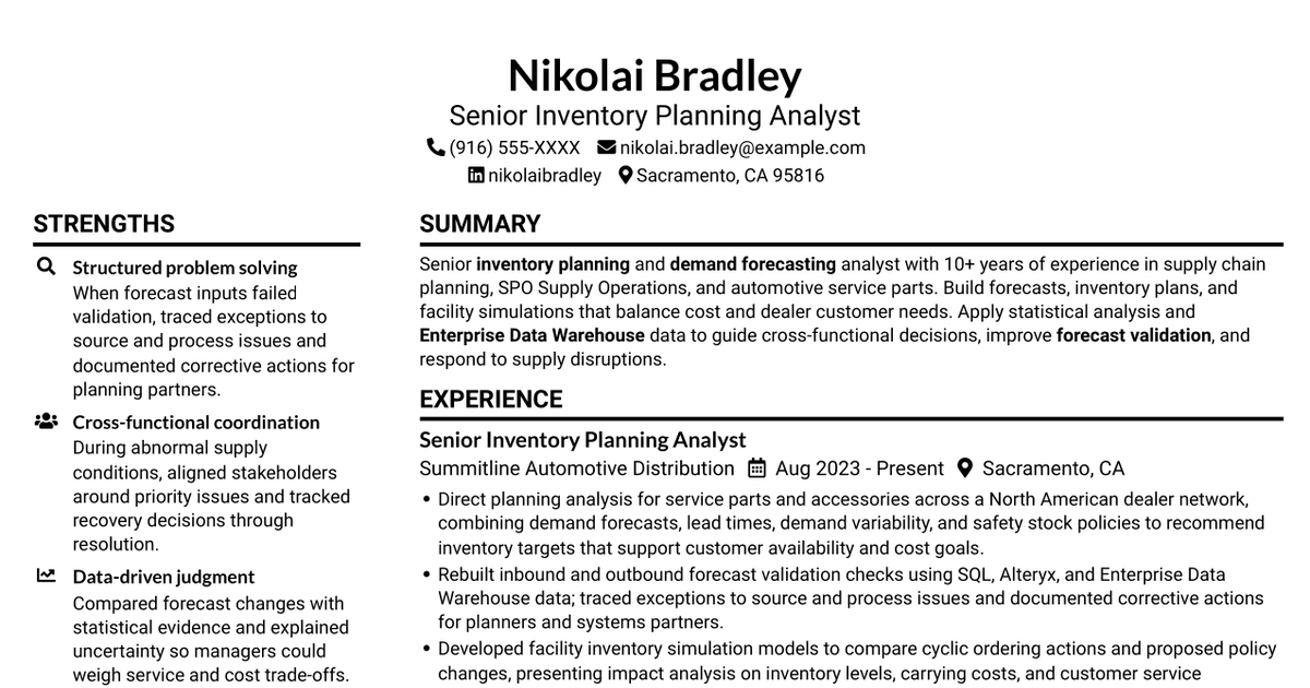 7 Senior Analyst - Inventory Planning Resume Templates with Example