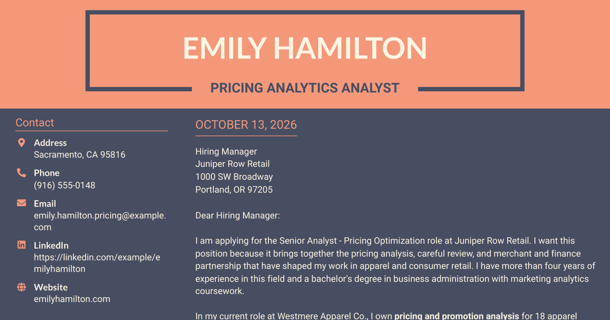 7 Senior Analyst - Pricing Optimization Cover Letter Templates with Example