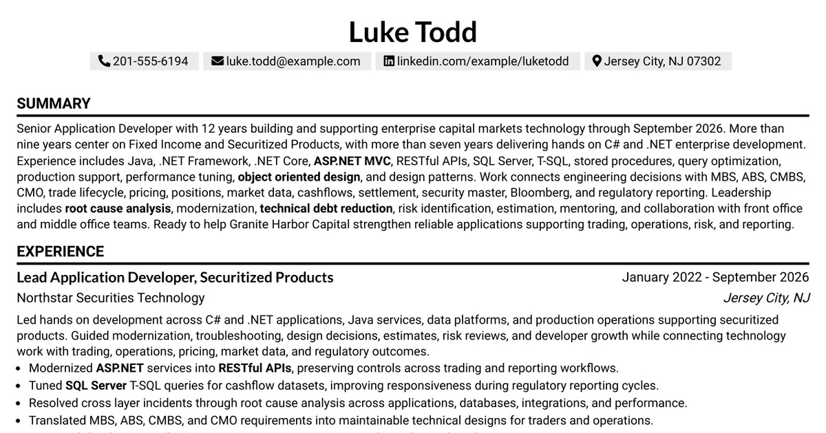 33 Senior Application Developer - Securitized Products Technology Resume Templates with Example 2026 (ATS-Optimized)