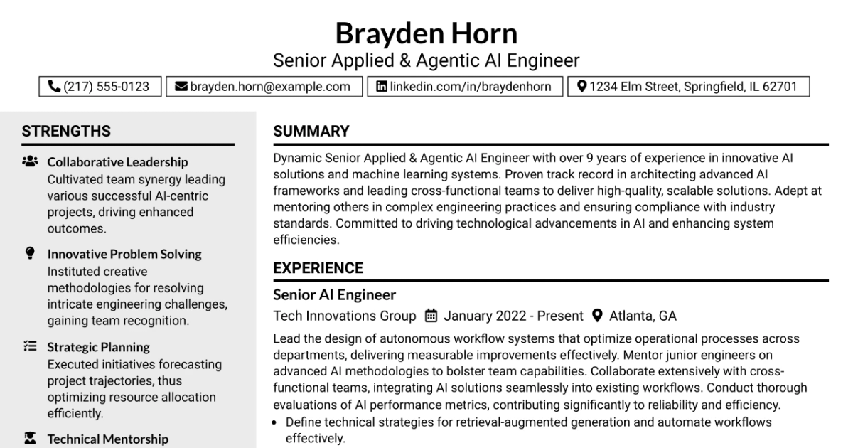 33 Senior Applied & Agentic AI Engineer Resume Templates with Example 2026 (ATS-Optimized)
