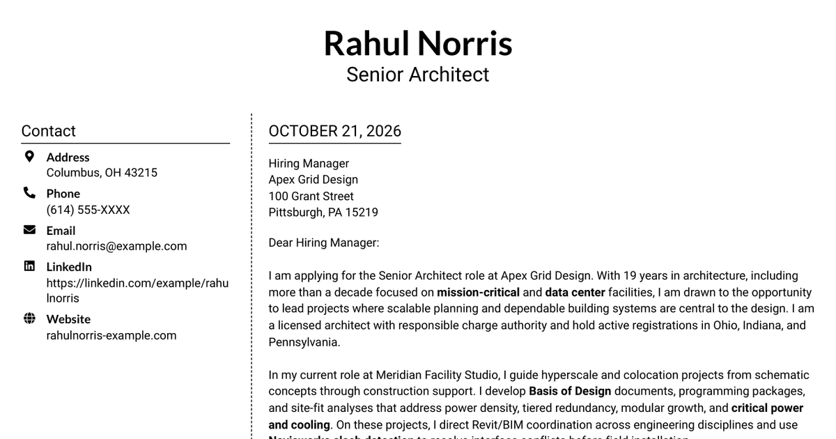 7 Senior Architect - Data Center Design Cover Letter Templates with Example