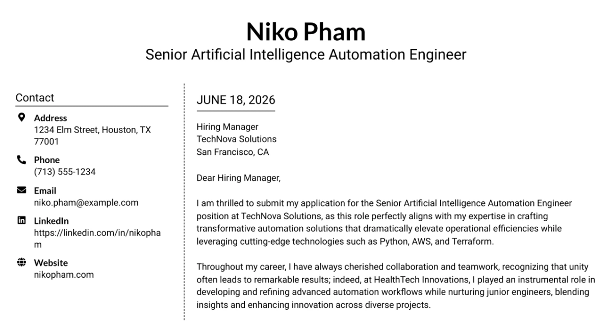 30+ Senior Artificial Intelligence Automation Engineer Cover Letter Templates with Example 2026
