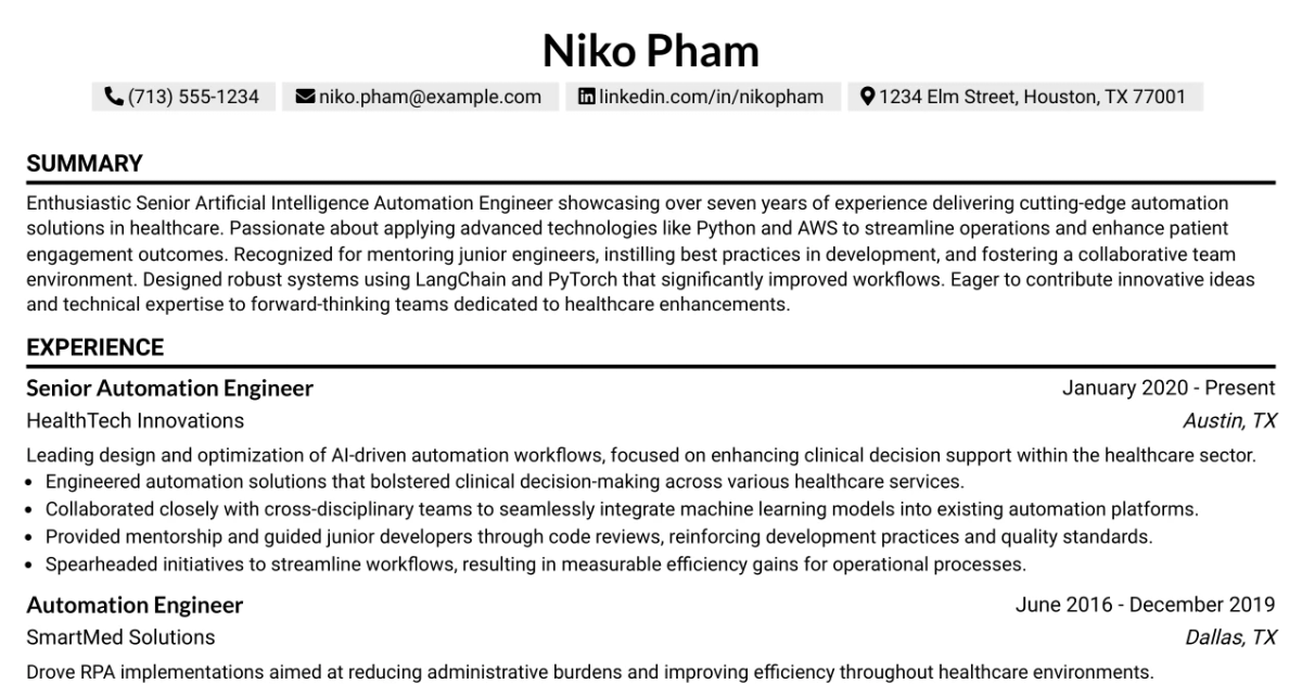 33 Senior Artificial Intelligence Automation Engineer Resume Templates with Example 2026 (ATS-Optimized)