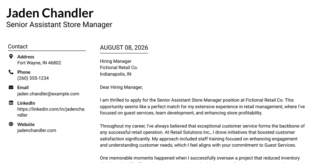 30+ Senior Assistant Store Manager Cover Letter Templates with Example 2026
