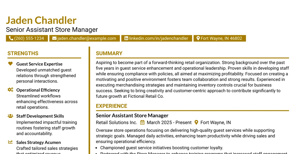 33 Senior Assistant Store Manager Resume Templates with Example 2026 (ATS-Optimized)