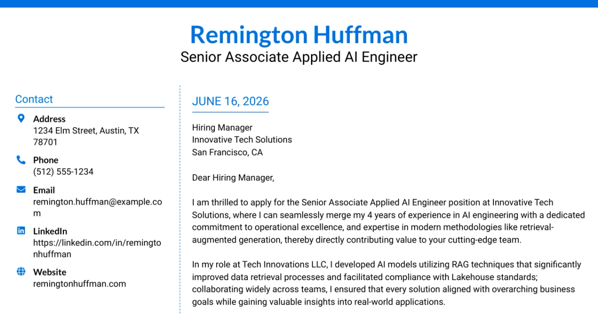 30+ Senior Associate Applied AI Engineer Cover Letter Templates with Example 2026