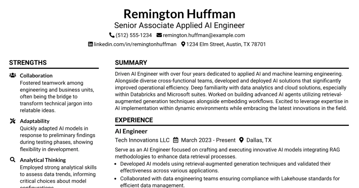 33 Senior Associate Applied AI Engineer Resume Templates with Example 2026 (ATS-Optimized)