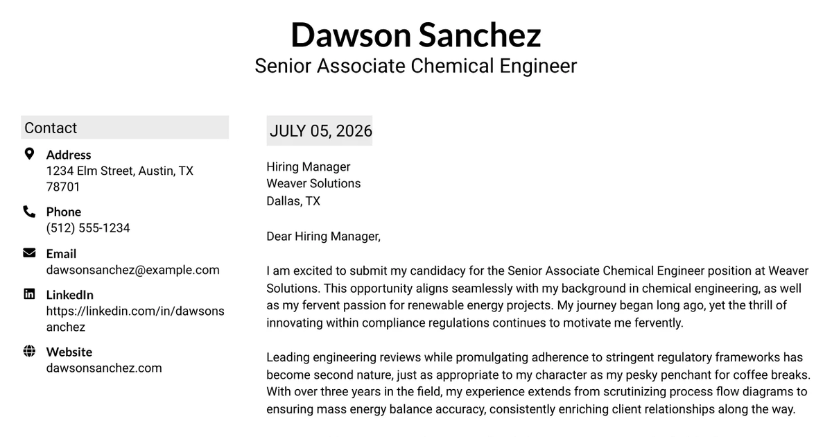 30+ Senior Associate Chemical Engineer Cover Letter Templates with Example 2026