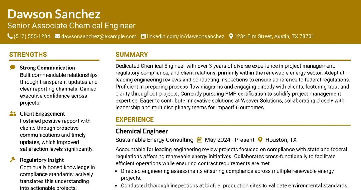 33 Senior Associate Chemical Engineer Resume Templates with Example 2026 (ATS-Optimized)