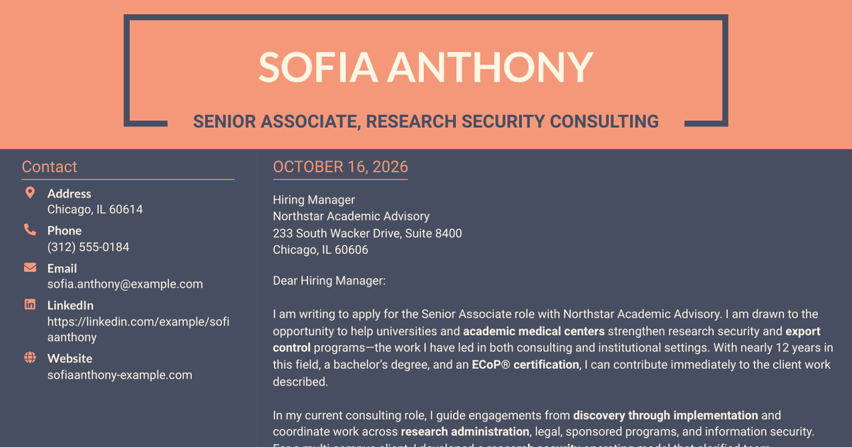 7 Senior Associate, Higher Education Consulting - Research Security and Export Control Cover Letter Templates with Example