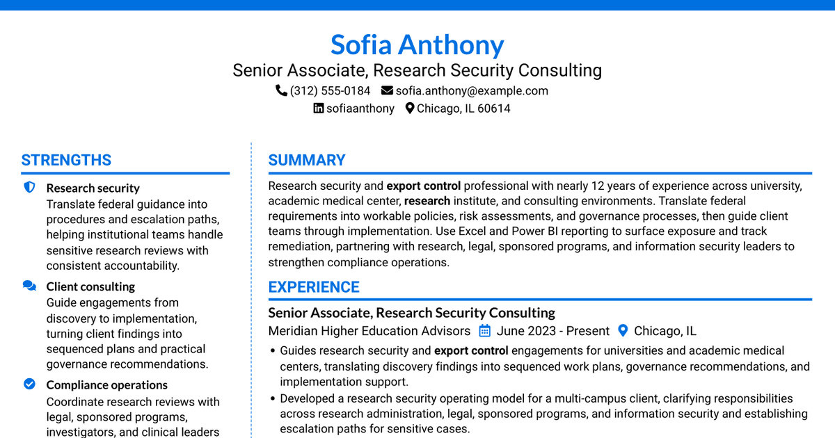 7 Senior Associate, Higher Education Consulting - Research Security and Export Control Resume Templates with Example