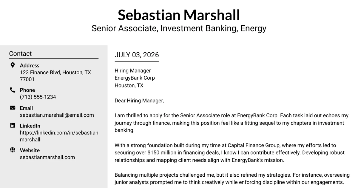 30+ Senior Associate, Investment Banking, Energy Cover Letter Templates with Example 2026